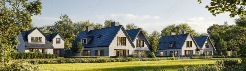 Row of modern suburban houses with blue roofs, set in a lush green landscape under a clear sky. Row of modern suburban houses with blue roofs, set in a lush green landscape under a clear sky.
