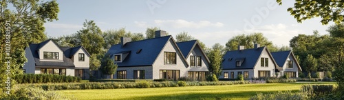 Wallpaper Mural Row of modern suburban houses with blue roofs, set in a lush green landscape under a clear sky. Torontodigital.ca