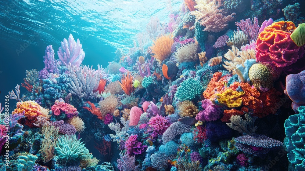 Vibrant 3D Coral Reef Scene under Clear Water Vibrant 3D Coral Reef Scene under Clear Water
