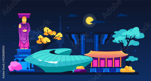 Korea landmarks in neon night light - modern colored vector illustration with Dongdaemun Design Plaza, Olympic Park in Seoul, Bongeunsa temple buddha statue and ancient Palace Complex. Attractions