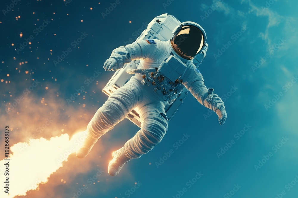 Fototapeta premium Astronaut is on a mission in space and flys on top of a rocket. Surreal image of space exploration