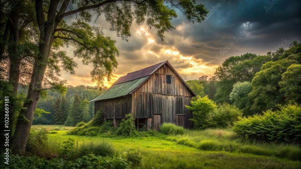 Enchanted Old Barn in a Lush Countryside Setting - Low Light Photography of Nature's Beauty, Rustic Charm, Overgrown Trees, and Serene Atmosphere Enchanted Old Barn in a Lush Countryside Setting - Low Light Photography of Nature's Beauty, Rustic Charm, Overgrown Trees, and Serene Atmosphere