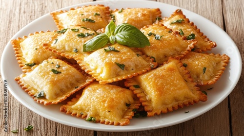 Golden Ravioli with Fresh Basil Garnish