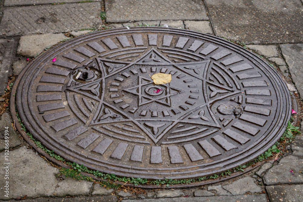 old antique cover, manhole manhole in the city on the sidewalk. old antique cover, manhole manhole in the city on the sidewalk.