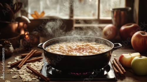 Cozy rustic kitchen with oatmeal cooking on the stove, evoking warmth and simplicity