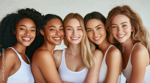 A group of women from different ethnicities, ages and skin tones are smiling at the camera with a visible healthy glow and radiant complexion, wearing tank tops