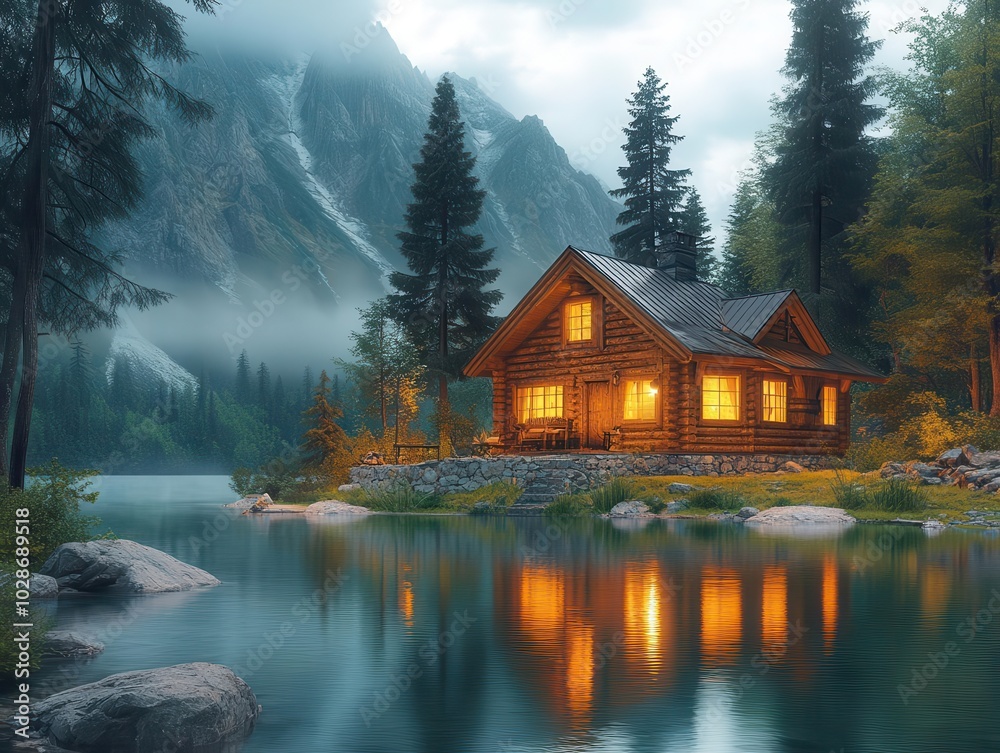 Fototapeta premium log cabin on the lake nestled amidst towering trees and rugged mountains, reflecting the beauty of nature in serene waters, creating a peaceful getaway destination