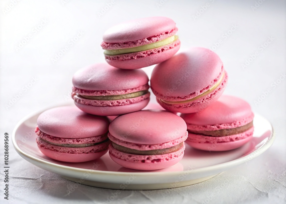 Obraz premium Exquisite Pink Macarons on a White Plate - Low Light Photography Enhancing Sweet Delicacies