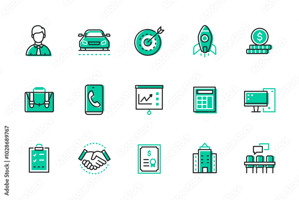 Business and entrepreneurship - set of line design style icons isolated on white background. High quality images of goal, startup, schedule, conference table, office work manager and handshake Business and entrepreneurship - set of line design style icons isolated on white background. High quality images of goal, startup, schedule, conference table, office work manager and handshake