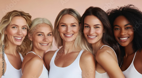 A group of women from different ethnicities, ages and skin tones are smiling at the camera with a visible healthy glow and radiant complexion, wearing tank tops