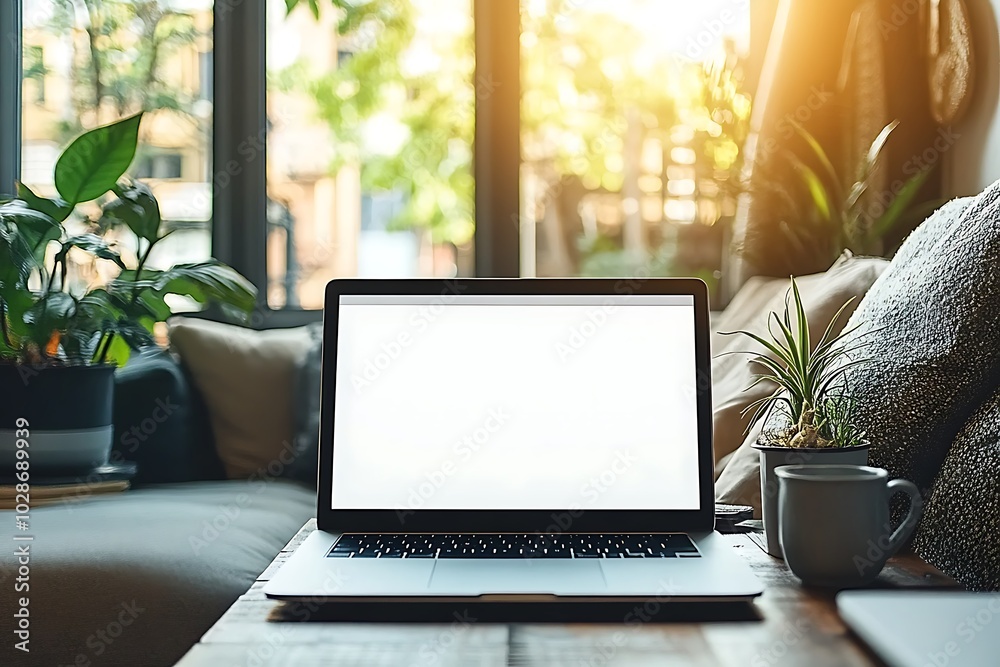 Laptop with Blank Screen on Wooden Table with Plants and a Cup of Coffee Laptop with Blank Screen on Wooden Table with Plants and a Cup of Coffee