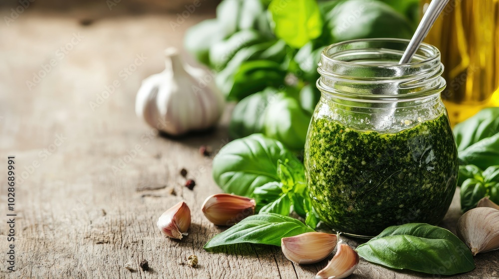 Rustic Wooden Table with Jar of Fresh Pesto Rustic Wooden Table with Jar of Fresh Pesto