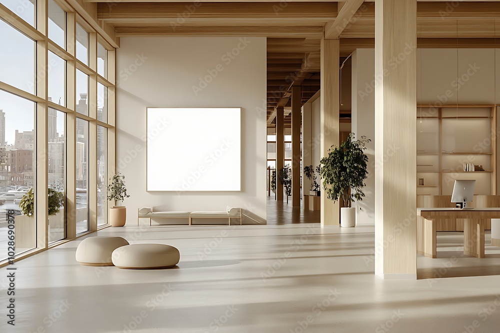 Minimalist Interior Design: Modern Living Space with Wood Beams and ...