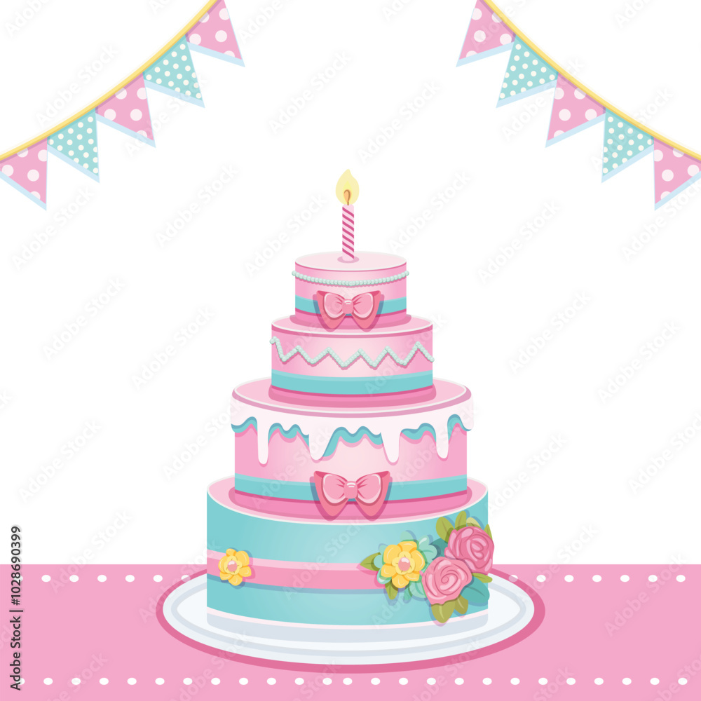 Beautiful colorful four tier Birthday cake with candle, pink bow and flowers. Poster, Banner, Flyer, Greeting Card. Vector illustration in flat cartoon style. Beautiful colorful four tier Birthday cake with candle, pink bow and flowers. Poster, Banner, Flyer, Greeting Card. Vector illustration in flat cartoon style.