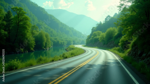 Nature's Path: A Serene Road Winding Alongside a Calm River Surrounded by Lush Greenery