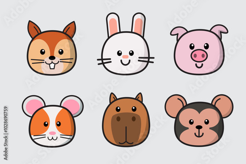 Set of cute animal head, Cartoon animal face collection, Cute and friendly wild animals in line drawing style, with squirrel, rabbit, pig, hamster, capybara, monkey. Vector design illustration.