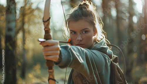 Woman with bow and arrow practicing archery in park photo