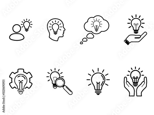Eight line icons depicting light bulbs symbolizing ideas, creativity, innovation, thinking, inspiration, and holding onto great concepts