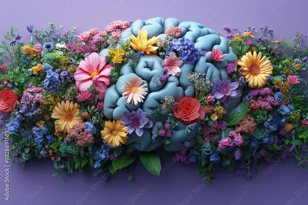 custom made wallpaper toronto digital3D Rendered Illustration of a Colorful Human Brain with Flowers Against a Purple Background – Minimalist Concept
