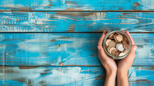 Hands holding a jar of coins on a rustic blue wooden table for fundraising support during a charity event photo