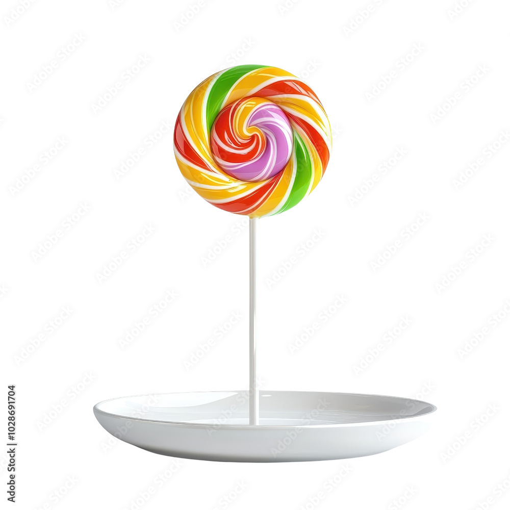 Lollipop placed on a plate, isolated on a white background, emphasizing its delightful presentation and colors. cutout png Lollipop placed on a plate, isolated on a white background, emphasizing its delightful presentation and colors. cutout png