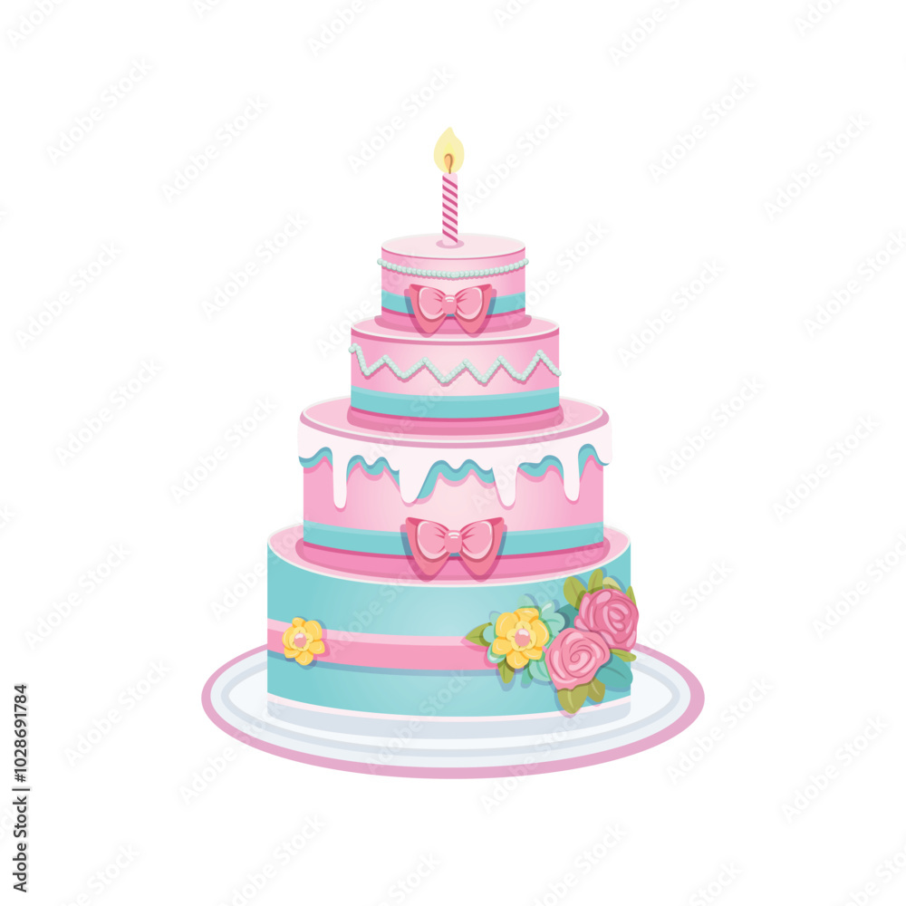 Beautiful colorful four tier Birthday cake with candle, pink bow and flowers on white background. Poster, Banner, Flyer, Greeting Card. Vector illustration in flat cartoon style. Beautiful colorful four tier Birthday cake with candle, pink bow and flowers on white background. Poster, Banner, Flyer, Greeting Card. Vector illustration in flat cartoon style.