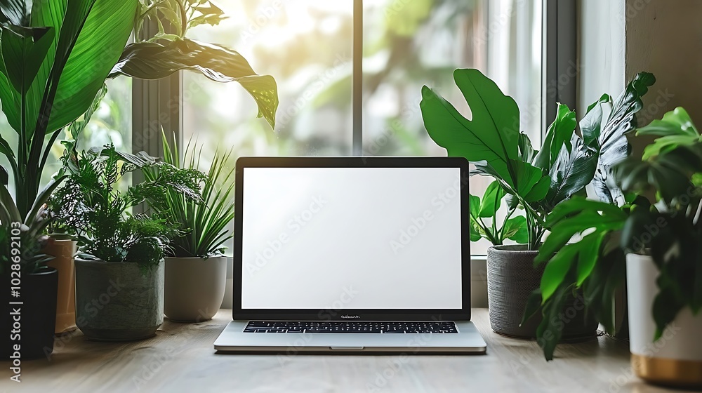 Laptop Computer with Blank Screen on Table with Plants Near Window Laptop Computer with Blank Screen on Table with Plants Near Window
