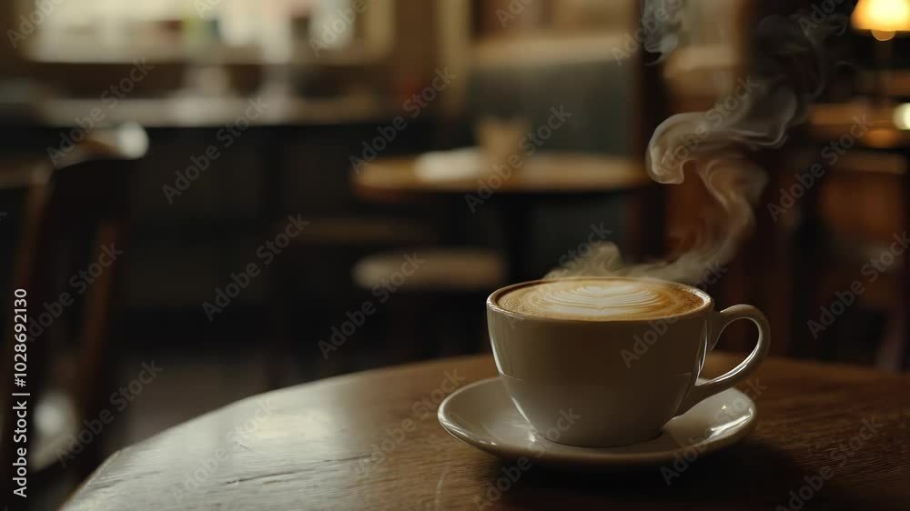 Steaming cup of coffee on a wooden table in a cafe.