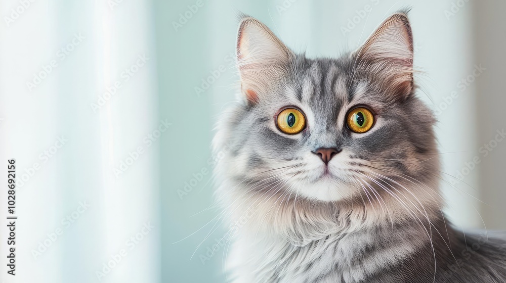 Grey cat with striking yellow eyes, sitting near a window. Grey cat with striking yellow eyes, sitting near a window.
