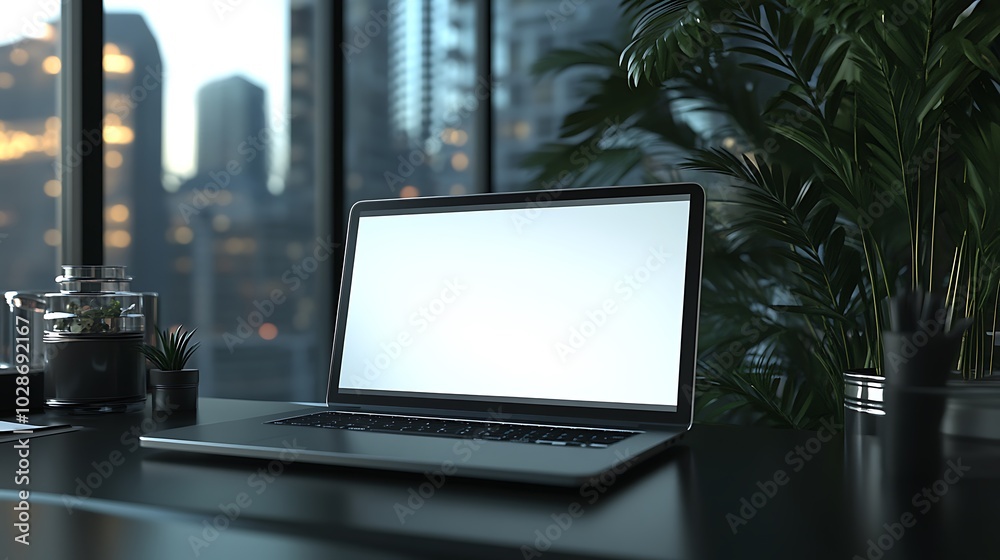 Modern Office Desk Setup with Laptop and Plants in Front of City View Modern Office Desk Setup with Laptop and Plants in Front of City View