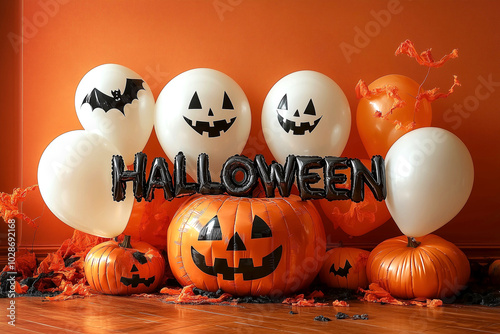 Room Interiorwhich is decorated with decorations in Halloween style, balloons, punpkins balloons, text Halloween, Room for Halloween party. Orange black and white color theme. Backdrop for photo photo