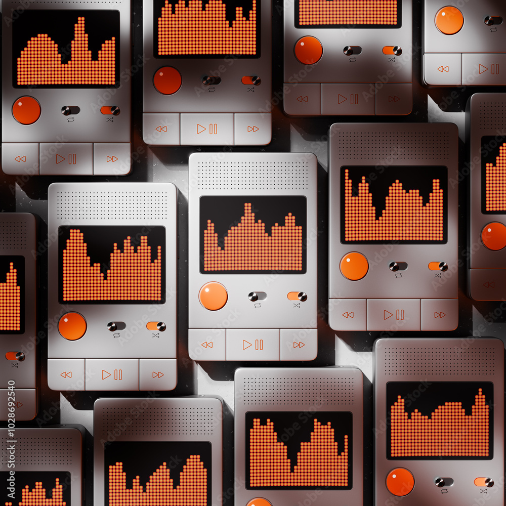3D rendered mock-up of a concept of a modern digital music player featuring an interactive orange equalizer display.
