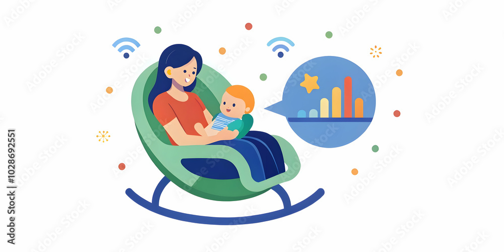 Mother Gently Rocking Baby in Voice Controlled Smart Rocker Amid Digital Analytics of Sleep & Movement - A Blend of Love and Technology Mother Gently Rocking Baby in Voice Controlled Smart Rocker Amid Digital Analytics of Sleep & Movement - A Blend of Love and Technology