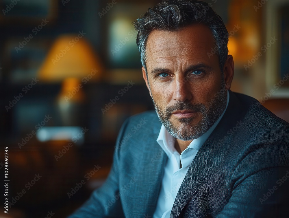 mature financier businessman, deep in thought, presenting a confident image in his sharp business suit, seated in a sophisticated office environment mature financier businessman, deep in thought, presenting a confident image in his sharp business suit, seated in a sophisticated office environment