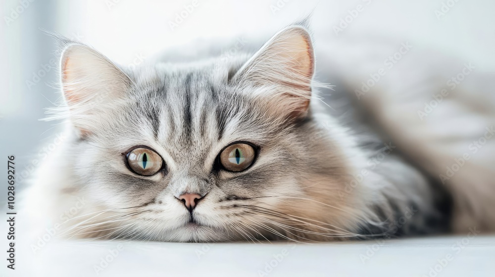 Siberian cat resting calmly, close-up focus on bright eyes, soft fur, serene expression. Siberian cat resting calmly, close-up focus on bright eyes, soft fur, serene expression.