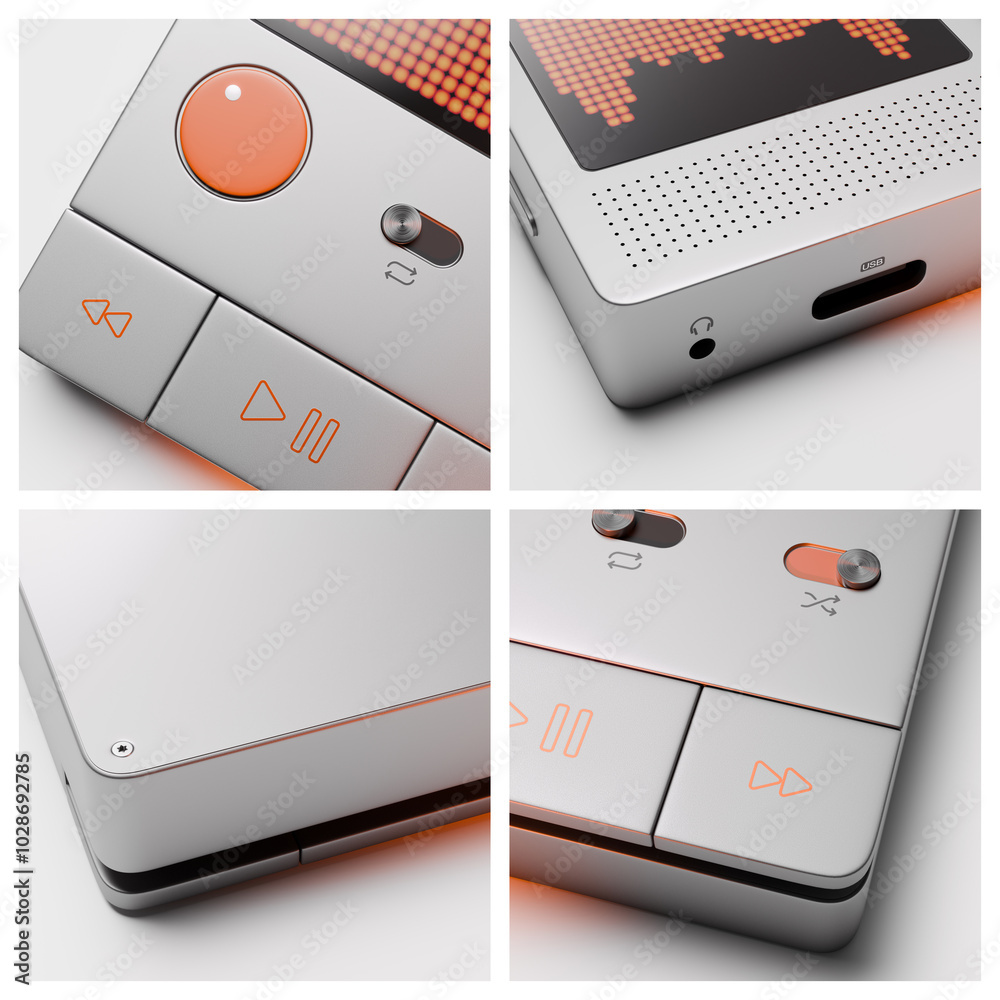 3D rendered mock-up collage of a concept of a modern digital music player featuring an interactive orange equalizer display.