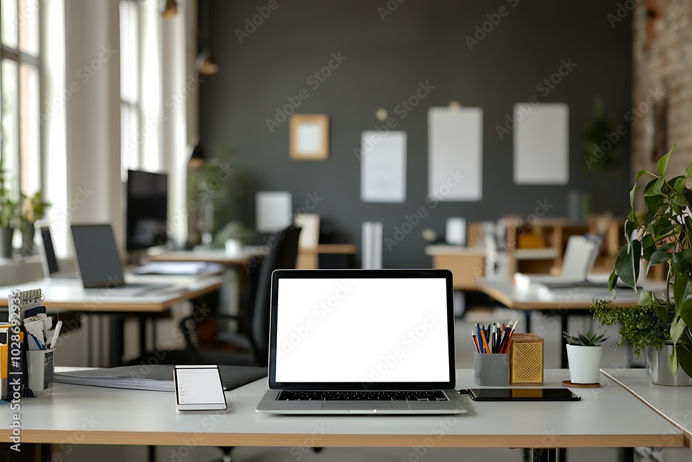 Minimalist Workspace with Laptop, Phone, and Plants on a White Desk Minimalist Workspace with Laptop, Phone, and Plants on a White Desk