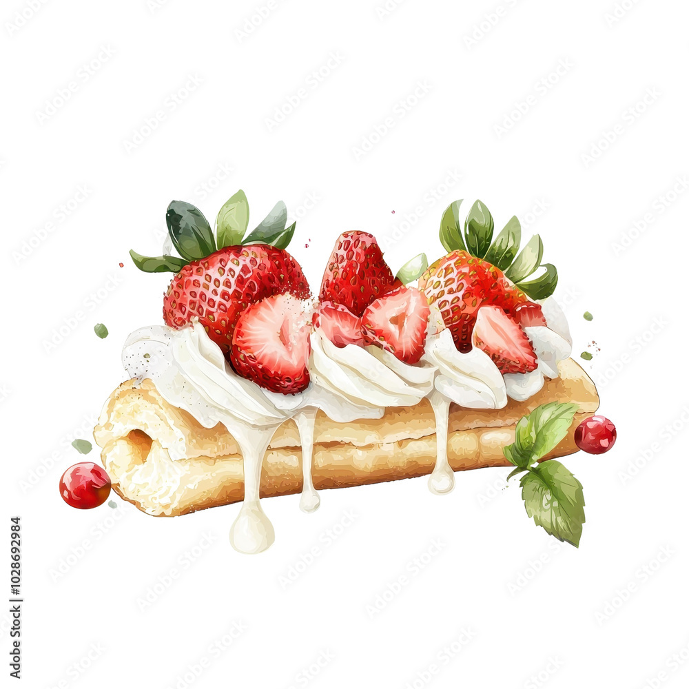 Watercolor-style strawberry éclair, isolated on a white background, soft and artistic with delicate strokes. cutout png