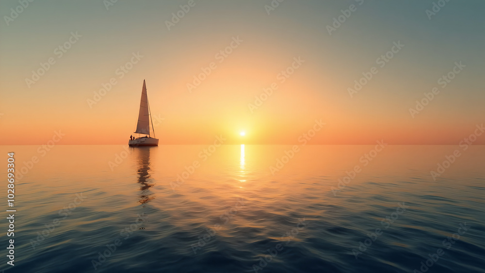 Fototapeta premium A Tranquil Maritime Scene: A Beautiful Sailboat at the Edge of Clear Waters Under a Stunning Sunset