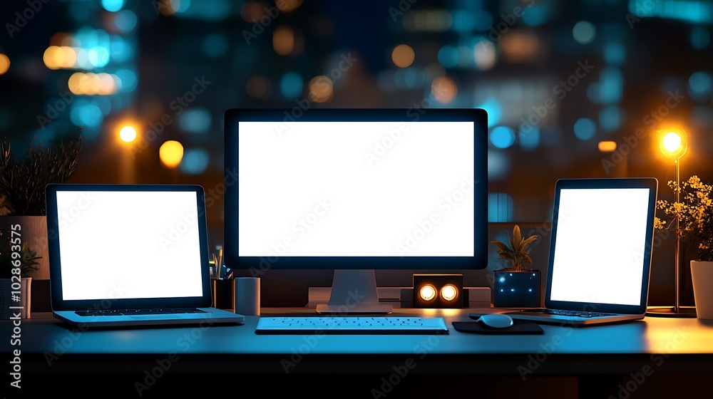 Blank Computer Screens On Desk At Night With Lights And Plants Blank Computer Screens On Desk At Night With Lights And Plants