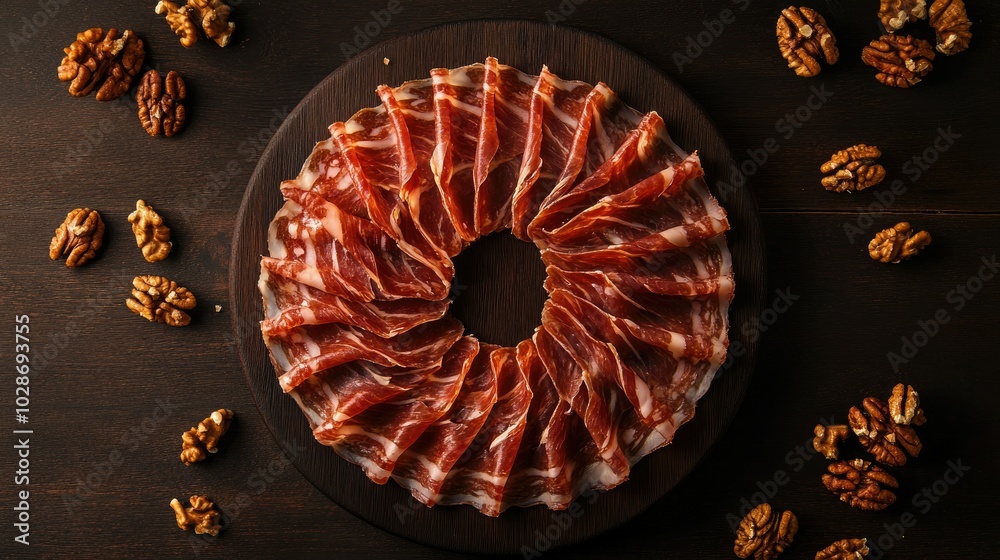 Sliced Prosciutto Arranged on Wooden Platter Sliced Prosciutto Arranged on Wooden Platter