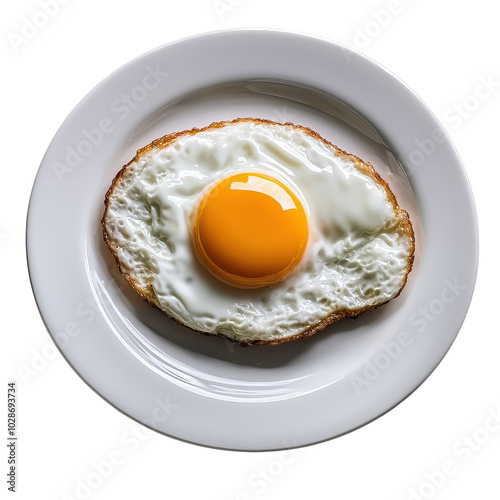 Fried egg on a plate, isolated on white background, neatly arranged for a simple presentation. cutout png photo