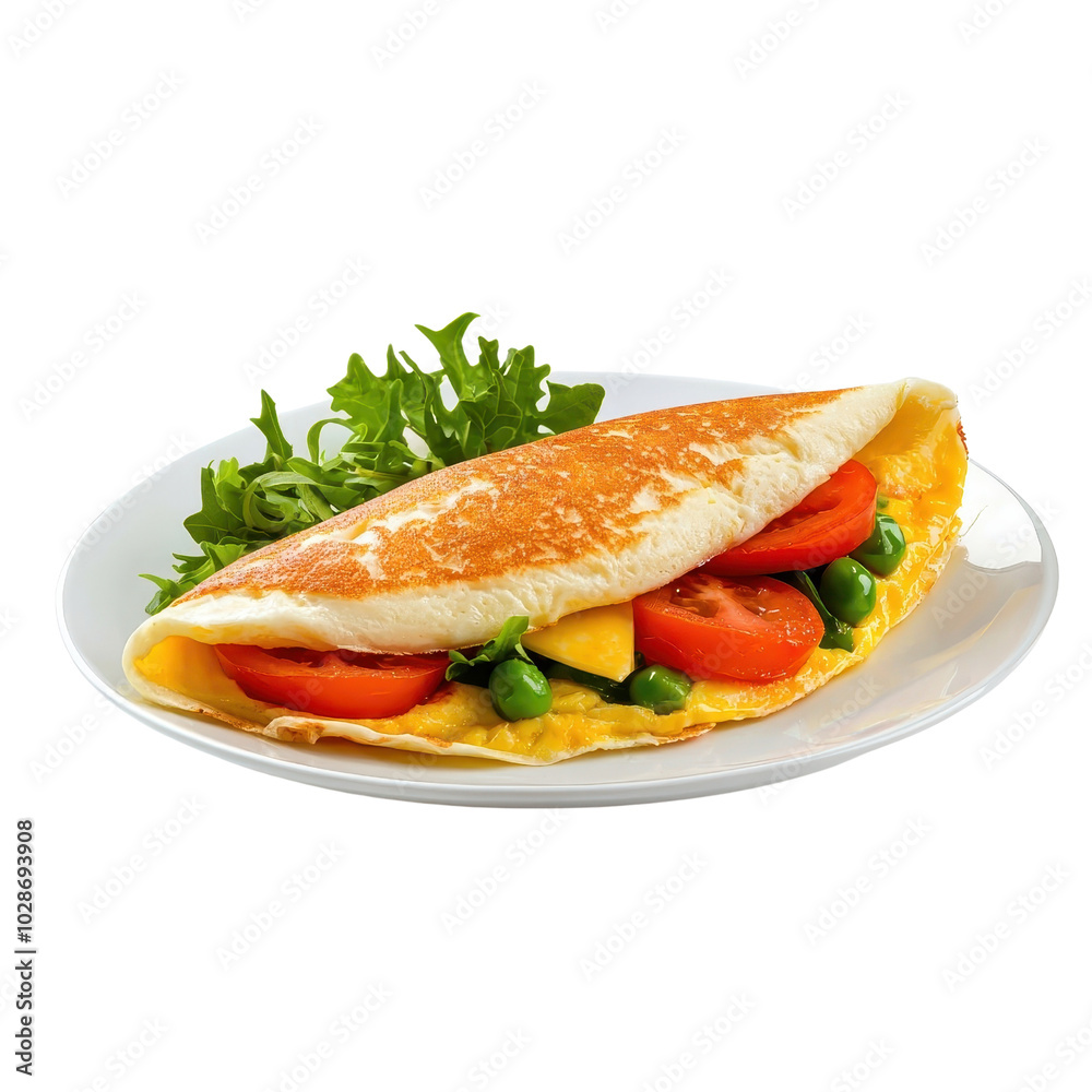 Omelet isolated on a white background, fluffy and perfectly cooked, showcasing vibrant fillings. cutout png Omelet isolated on a white background, fluffy and perfectly cooked, showcasing vibrant fillings. cutout png