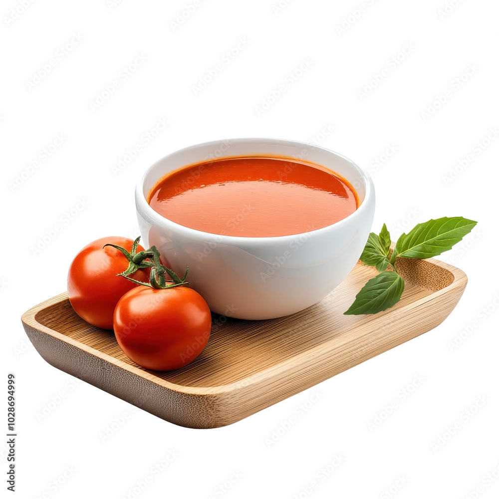 Tomato soup on a wooden tray, isolated on a white background, presented in a rustic style that enhances its warmth. cutout png Tomato soup on a wooden tray, isolated on a white background, presented in a rustic style that enhances its warmth. cutout png