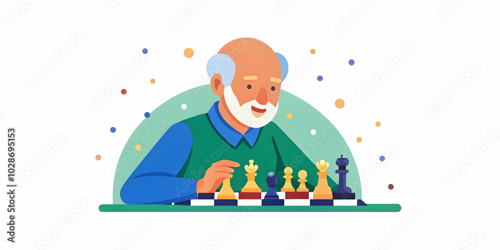 Elderly Man Playing Chess in a Glossy Background: A Focused Scene Highlighting Strategic Thinking and the Joy of Intellectual Activities with Copy Space for Text Elderly Man Playing Chess in a Glossy Background: A Focused Scene Highlighting Strategic Thinking and the Joy of Intellectual Activities with Copy Space for Text