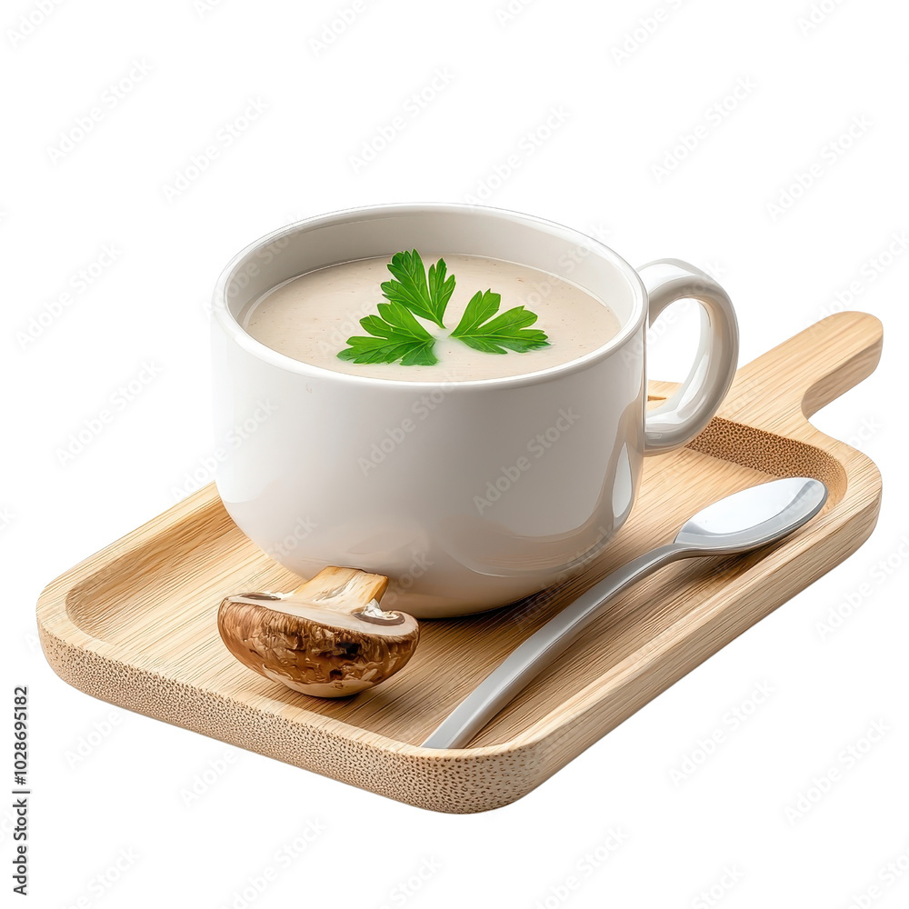 Mushroom soup on a wooden tray, isolated on a white background, presented in a rustic style to enhance its comfort. cutout png Mushroom soup on a wooden tray, isolated on a white background, presented in a rustic style to enhance its comfort. cutout png