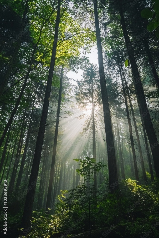 A dense forest of tall trees, with misty mountains in the background. Sunlight filters through the fog. A dense forest of tall trees, with misty mountains in the background. Sunlight filters through the fog.