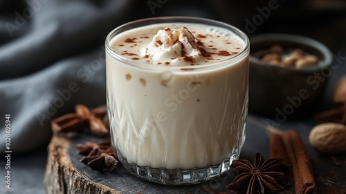 Eggnog with Whipped Cream and Cinnamon in a Glass