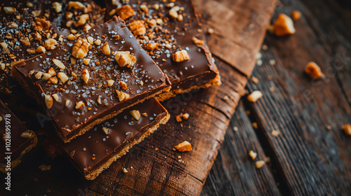 Close up of Saltine toffee pieces topped with chocolate and nuts on wooden table, sweet snack for dessert lovers, print for English Toffee Day and National Chocolate Day