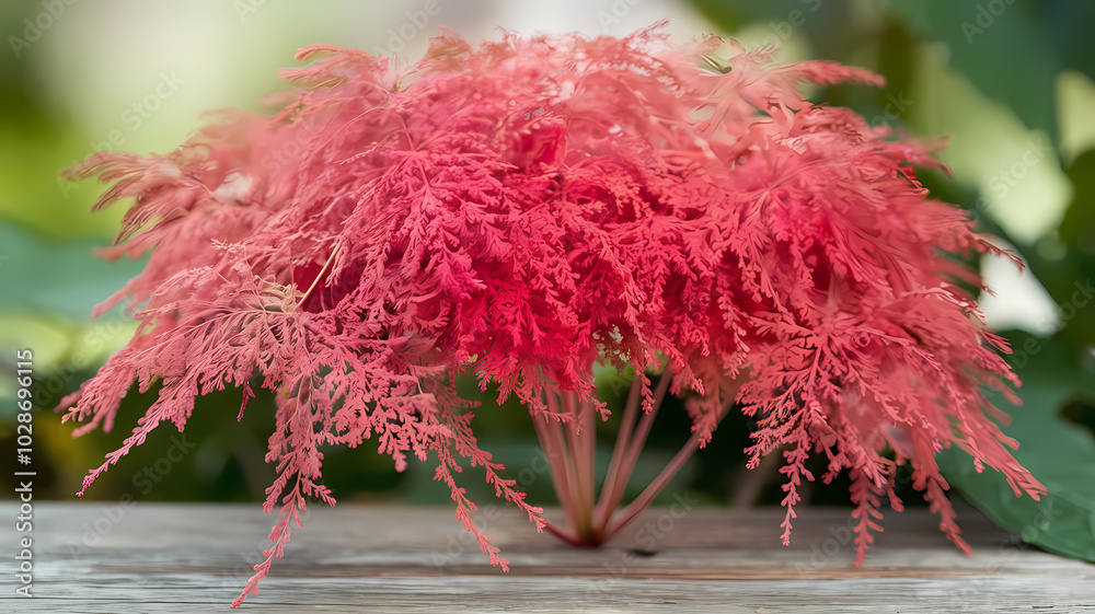 Fototapeta premium Vibrant red bonsai tree surrounded by lush greenery, showcasing intricate foliage and beautiful colors in a serene setting.